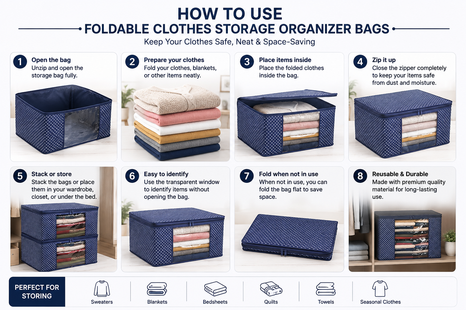 Premium Set of 6 Foldable Clothes Storage Bags with Transparent Window
